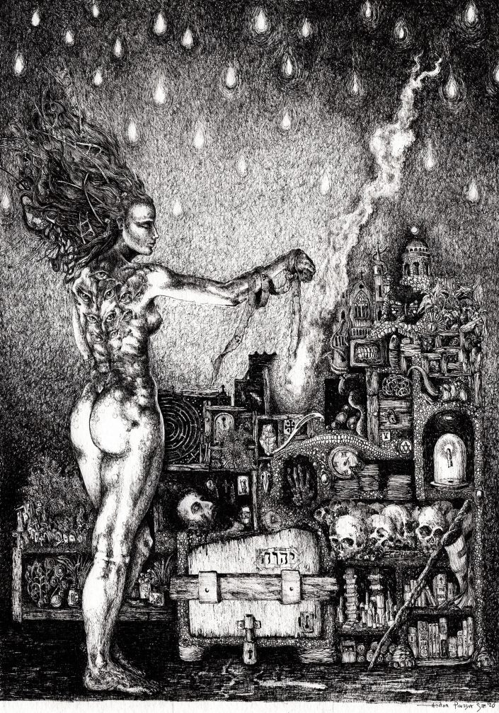 The hunter and her cabinet of curiosities. Ink on paper (Fabriano) 40 X 26 cm. 2021